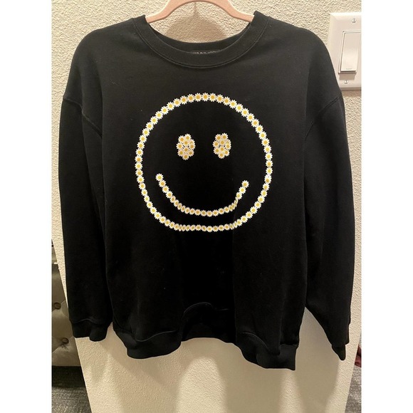 Smiley Face Fleece Crewneck Sweater in Black - Picture 2 of 5